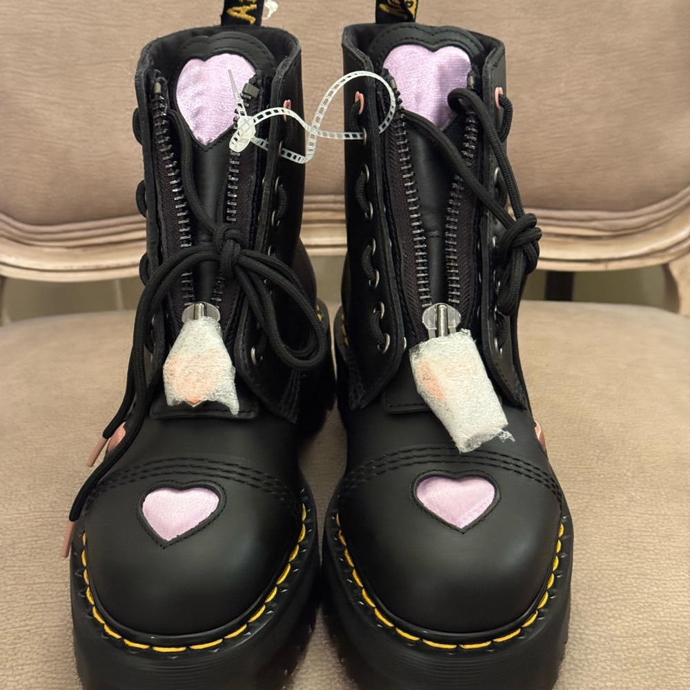 Dr. Martens Black Lace Up Boots with Pink and Purple Hearts - Picture 3 of 15
